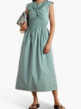 TOVE Lottie Twist-Front Smocked Cotton-Poplin Midi Dress 36